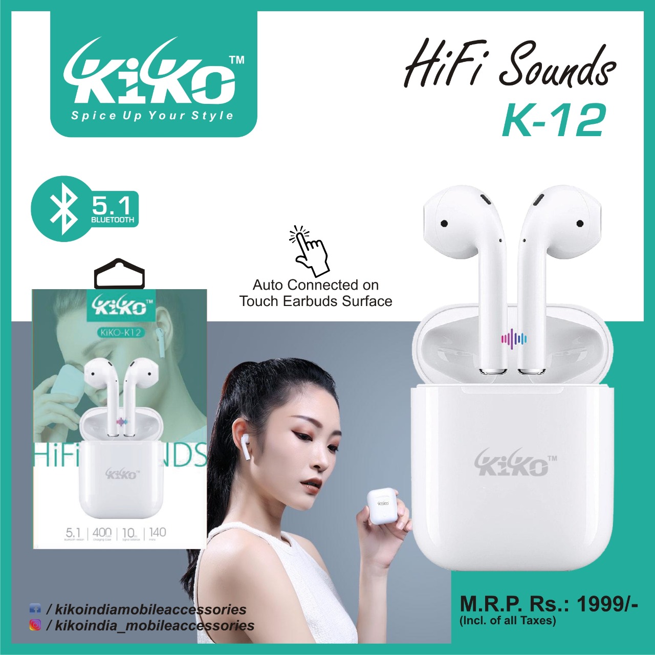 Kiko True Wireless HiFi Sound Bluetooth Earbuds Headset (K-12)